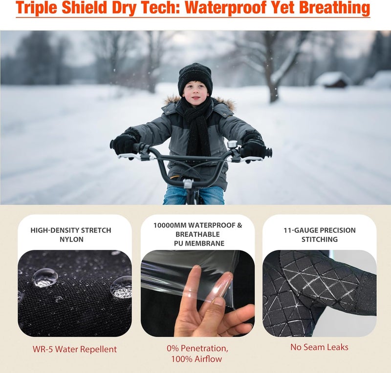 ORIGEM Kids Gloves Winter with 3M Thinsulate Insulation, Waterproof Windproof Thermal Touchscreen Anti-Slip Cycling Gloves for Running Skiing Snow Sports, Boys Girls Aged 4-12 Years - Image 3
